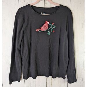 Croft Barrow Size Large‎ The Classic Tee Black Long Sleeve Bird Graphic Top